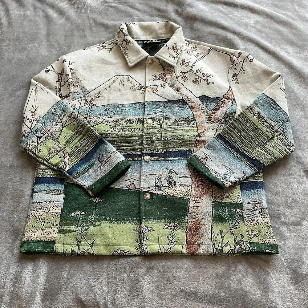 Rebel Vengeance Jacket Mens Medium Multicolor Landscape Tapestry Bomber Scenic